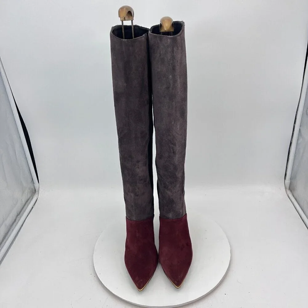 Tory Burch Lila 90mm Women Size 6M Burgundy Grey Black Suede Knee High Boot